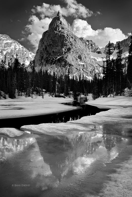 Lone Eagle, Mirror Lake, Indian Peaks Wilderness, Colorado, Ice, clouds, reflections, black and whit, photo