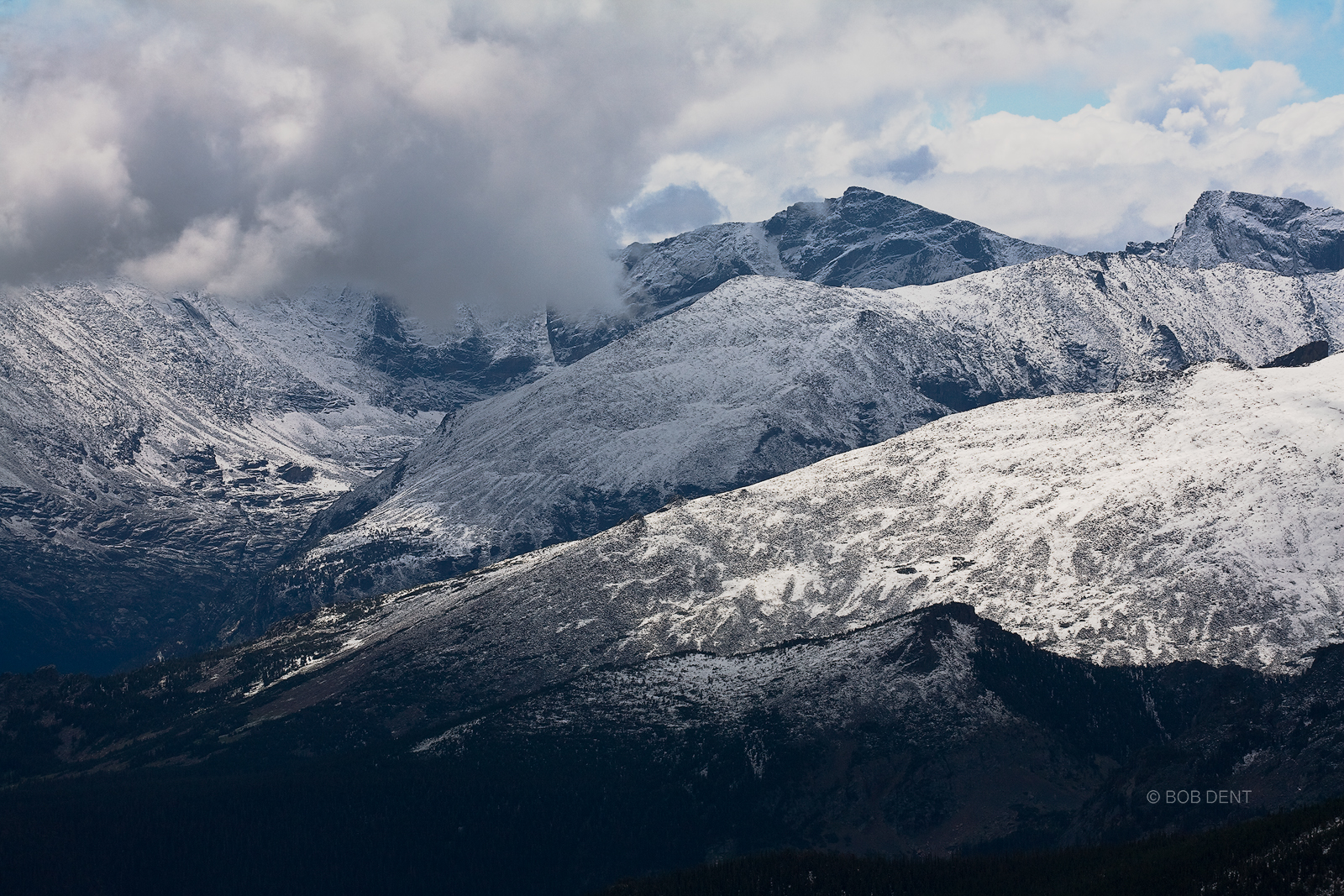 Storm clouds hovering over Glacier Gorge, Rocky Mountain National Park, Colorado.