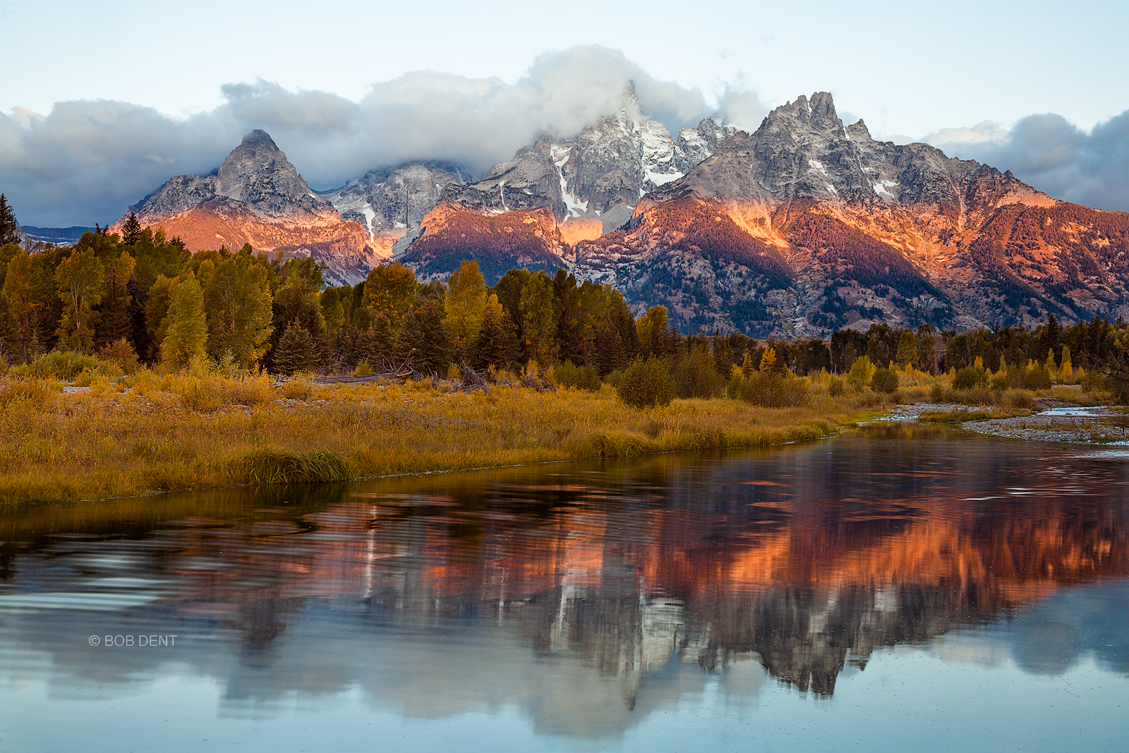 Snake River Sunrise A band of warm light across the Tetons at sunrise.