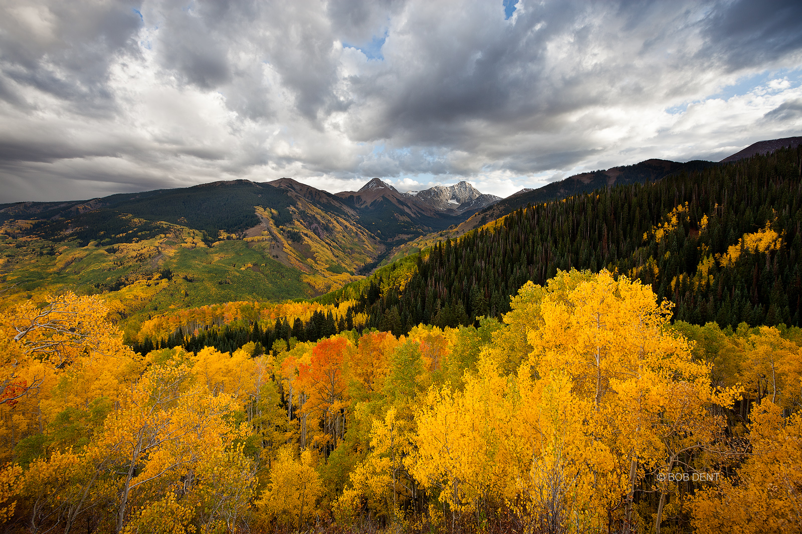 Autumn colors lead to Capitol Peak, Maroon Bells Snowmass Wilderness, Colorado.
