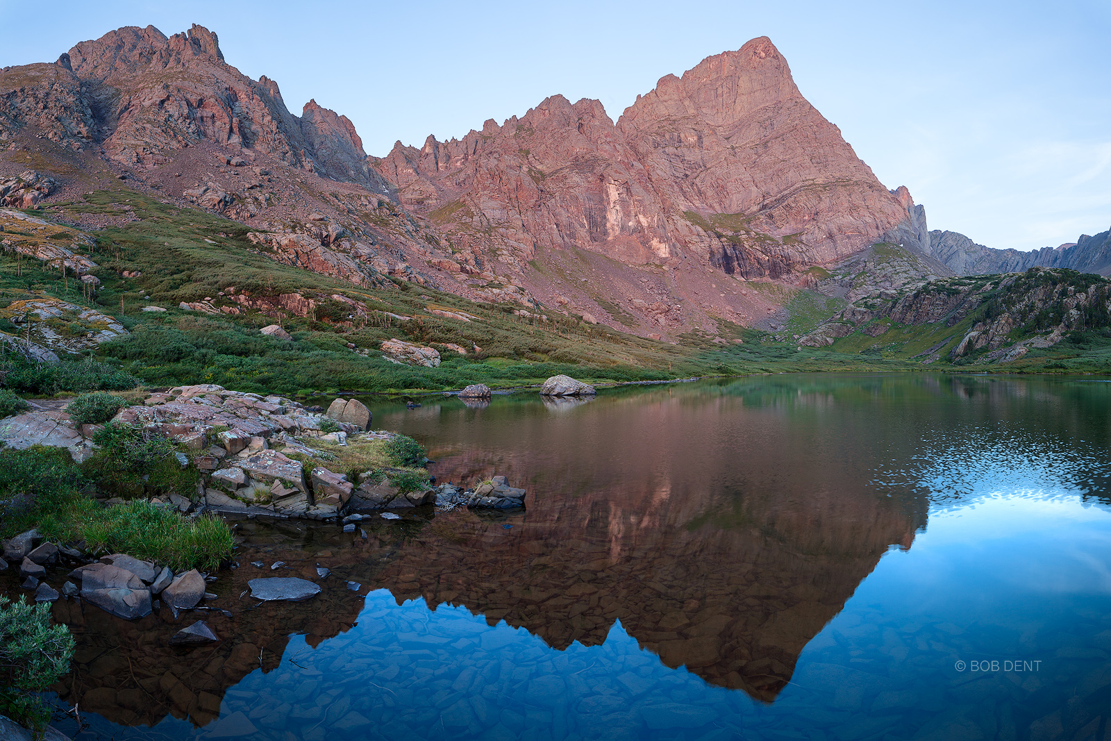South Colony Lakes Sunrise Sunrise light on Crestone Needle as seen from South Colony Lake, Sangre de Cristo Mountains, Colorado.